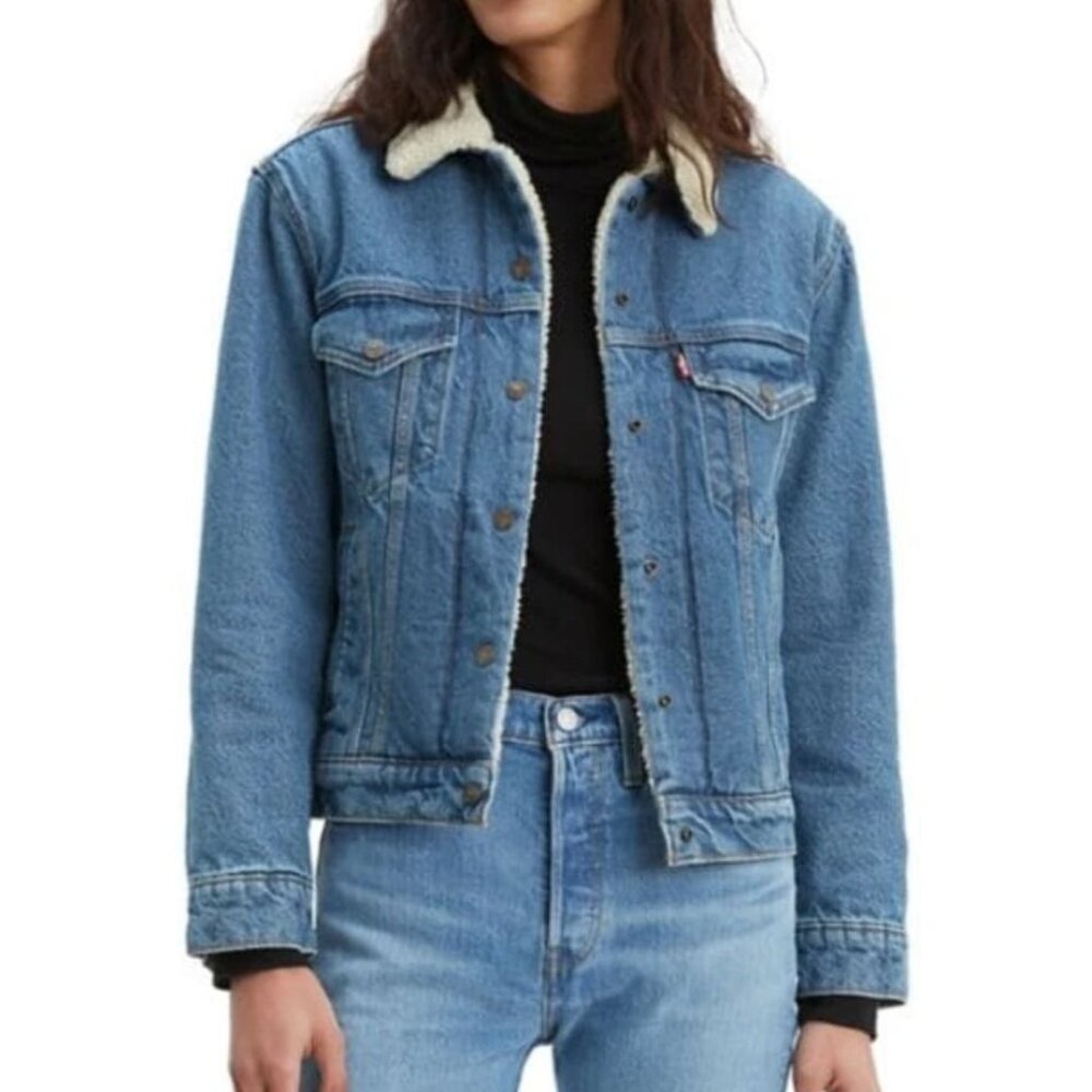 Levi's Faux Shearling Denim Trucker Jacket Womens XS Blue Snap Classic
